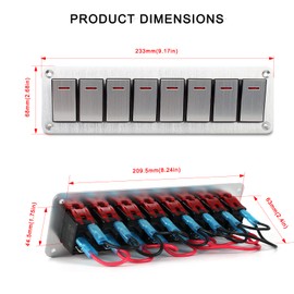 Xhtechnology 8 Gang Aluminum Rocker Switch Panel - 12V/24V Switch Panel 3 Pin ON/Off Pre-Wired Waterproof Toggle Switch Panel for Marine Boat Automotive Car RV