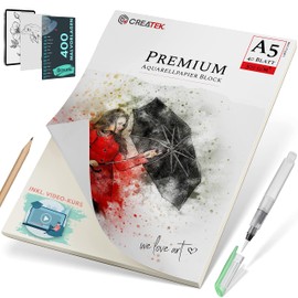 CreaTek Watercolour Paper A5 300 g incl. 2 hours video course, 40 sheets watercolour pad A5 +2 brushes +pencil +400 painting templates – for watercolour pens + brush pens, watercolour Paper A5, watercolour paper A5.