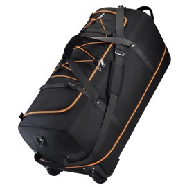 Rolling Duffle Bag with Wheels,110L/140L Expandable Soft-Sided Foldable Duffle Bag with 2 Rubber Wheels,Packable 32” Rolling Carry-On with Multi-Pockets & Compartments (Black Orange)