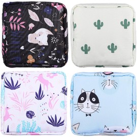 Bolsa de Almacenamiento de Toallas Sanitarias de Nailon 4 Piezas Estampado Variado, Cierre Suave, para Viaje y Trabajo, Cabe en Mochila o Bolso Estilo Aleatorio
