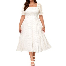 Plus Size Summer White Dress Bridal Shower Graduation Wedding Guest Gold Dots Smocked Chiffon Midi Dresses
