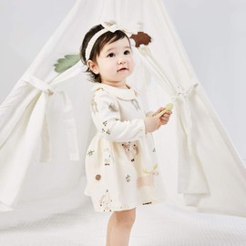 pureborn Baby Girl Dress Infant Long Sleeve Peter-pan Collar Spring Fall Cotton Playwear Dresses Beige 9-12 Months