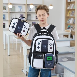BLUWEI Boys Backpack Kids Bookbag TeensSchool Bag LuminousGame Large capacity bag (4BlackWhite Set)