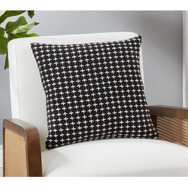 Fennco Styles Cross Stitched Cotton Decorative Throw Pillow Cover 18" W x 18" L - Black Woven Cushion Case for Home, Couch, Living Room, Bedroom, Office and Holiday Décor