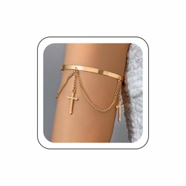 Wendalern Gold Upper Arm Cuff Bracelet Layered Leaf Tassel Bangle Adjustable Open Arm Cuff Vintage Multi Leaves Arm Chain African Bangle Bracelet Jewellery for Women, Metal