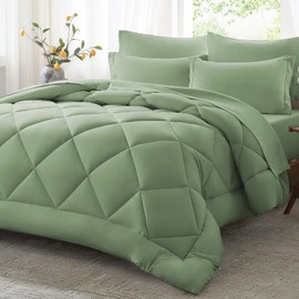 Anluoer Queen Comforter Set，Sage Green Bed in a Bag 7 Piece，Lightweight Bedding Set with Soft Down Alternative Fill，Bed Set Includes Comforter, Fitted Sheet, Flat Sheet，Pillowcases and Shams