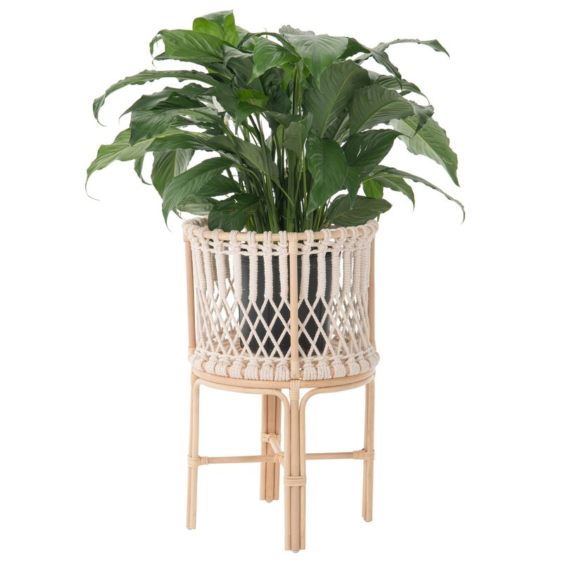 Kouboo Round Rattan Planter Stand with Handmade White Cotton Rope