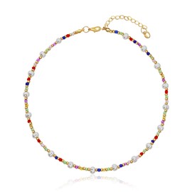 Yifnny Beaded Necklaces, Boho Beaded Necklace Summer Choker Y2K Colorful Party White Beaded Necklace Jewelry Flower Imitation Pearl Seashell Necklace for Women Men (Colorful 3)