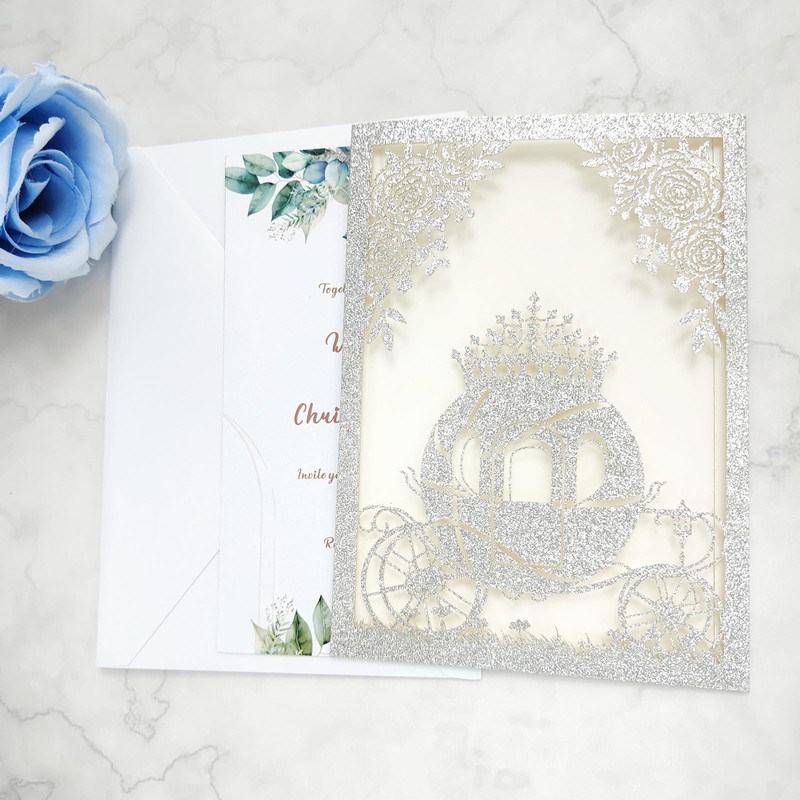 JOACHUUY 20PCS Princess Carriage quinceanera invitations,15 year,sweet 16 invitations,1 birthday