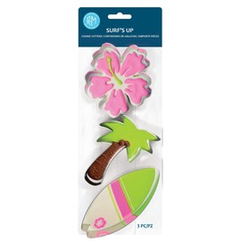 R&M Surf's Up Beach Themed Cookie Cutter 3 Piece Set. Includes Hibiscus Flower, Palm Tree and Surfboard Cookie Cutter.