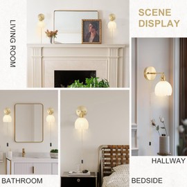 LINSEEDS Plug in Wall Sconce, Vintage Sconce Light with Tulip Milk White Glass Lampshade, 180° Adjustable Wall Sconce with Switch and Plug in Wall Lamp Cord, Gold Wall Light for Bedroom Bedside