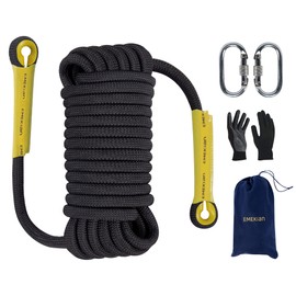 EMEKIAN 10 mm Black Indoor Outdoor Climbing Rope, 30 M (98 ft) Static Rock Climbing Rope for Escape Rope, Ice Climbing Equipment, Fire Safety Rescue Rope, with Non Slip Gloves