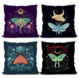 Knibeo Mystical Boho Luna Moth Witchy Pillow Covers 18x18 Set of 4, Witch Witchy Gifts for Women, Witch Decor Aesthetic, Sun and Moon Decor Pillow Covers, Moth Decor