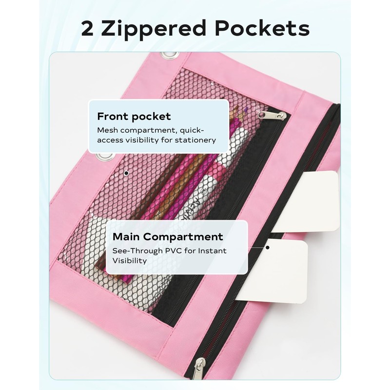 ASBEFORE Pink Pencil Pouch for 3 Ring Binder - Zipper