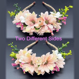 JZK Wedding flower headband for flower girl bride bridal daisy tiara girl and woman bridal hairband floral garland headpiece, White beige