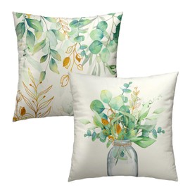 Spring Eucalyptus Leaves Throw Pillow Covers Sage Green Botanical Print Pillowcase Gold Green Eucalyptus Leaf Mason Jar Decorative Farmhouse Cushion Cover for Home Sofa Bedroom Porch Outdoor 18x18 in