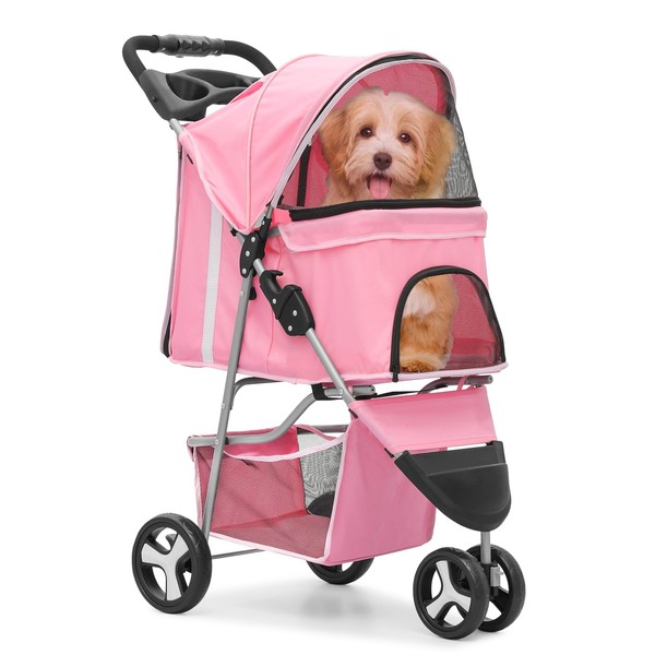 MoNiBloom 3-Wheels Foldable Pet Stroller with Waterproof Cover, Pet Strolling Cart for Small/Medium Dogs and Cats with Storage Basket and Cup Holder, Breathable and Visible Mesh for All-Season, Pink