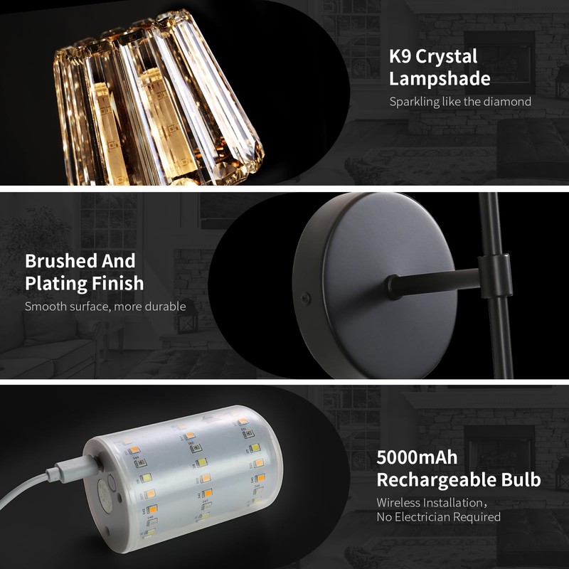 Battery Operated Crystal Wall Sconce Set of 2, Black Rechargeable