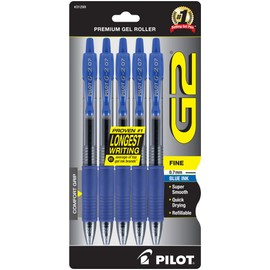 Pilot G2 Premium Gel Roller Pens, Fine Point 0.7 mm, Blue Ink Pens Fine Point, Pack of 5 - Ideal for School, Journaling, and Office Writing
