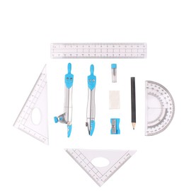 Geometry Set, 10-Piece Compass School Maths Angle Stationery Kit Rulers Educational Drawing Set for Students in Mathematics and Engineering in Carry Bag Blue