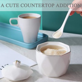 Chase Chic Sugar Bowl with Lids and Spoon, Ceramic Sugar Canister Vintage Sugar Pot with Rhombus Golden Trim for Home Kitchen, 11.8 oz/White