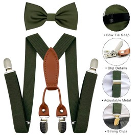 BEWDIO Baby Boy Suspenders and Bow Tie Set, Olive Green Bowtie and Elastic Suspenders with 4 Strong Metal Clips (4-24-1)