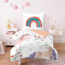 CINYE Children's Girls Kawaii Unicorn Bed Linen 135 x 200 cm Reversible Bed Linen with 80 x 80 cm Pillowcase 3D Printed Flowers Rainbow Pattern 100% Microfibre Colourful Bed Linen with Zip