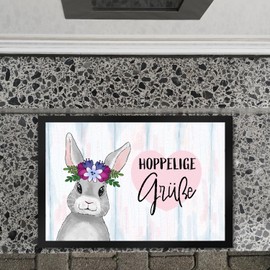 Hoppelige Grüße doormat XL in 40 x 60 cm with cute Easter bunny and flowers as a beautiful decoration for Easter for the front door to welcome the visit in an Easter way and welcome