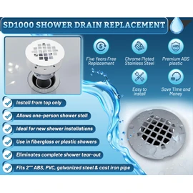 Shower Drain Replacement, Installs from Top Only, Chrome, Fit Standard 2" ABS, PVC, Galvanized Steel&Cast Iron Drain Pipes, Shower Drain Kit for Fiberglass&Plastic Showers Five Years Free Replacement