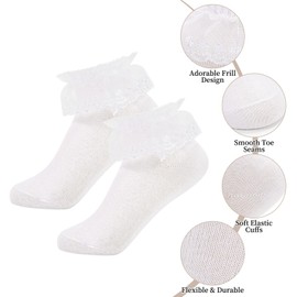 Bafiwu 8 Pairs Girls Frilly Socks, White Cotton Socks with Delicate Lace Trim, Kids Lace Ankle Socks for Home, School, Everyday Wear (UK, Age, 4 Years, 6 Years, Regular, White)