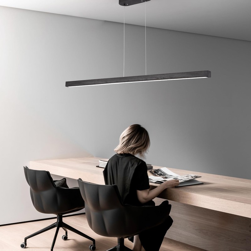 Black Wood Linear Pendant Light – Dimmable LED Chandelier with