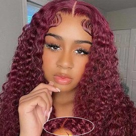 Wear and Go Glueless Wigs Human Hair Pre Plucked Pre Cut 99j Burgundy Lace Front Wigs for Black Women 180 Density Water Wave Bob Wig Colored Human Hair Curly Wig (99j Burgundy Color, 16 Inch)