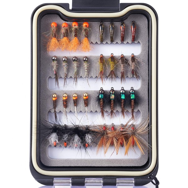 BASSDASH Fly Fishing Flies Barbed or Barbless Fly Hooks 60/62pcs Include Dry Wet Flies Nymphs Streamers for Trout Salmon Steelhead Grayling Fishing with Waterproof Fly Box (32pcs barbless trout flies)