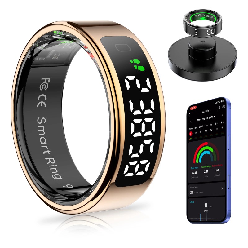 AMOVAN Smart Ring with LED Display Screen Health Tracker and