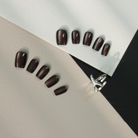 Melines 30pcs Cat Eye Short Square Press On Nails, Reusable Nail Kit with Nail Adhesive Tabs Mini Nail File, 15 Sizes (Light Brown)