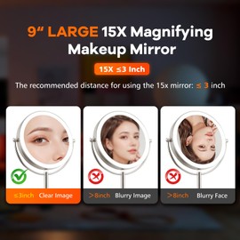 M MIVONDA Makeup Mirror with Lights,1X/15X Brushed Nickel Large Magnifying Mirror with Light, 360°Double Side Mirror,3 Color Lights & Adjustable Brightness Vanity Mirror,Gift for Christmas Day