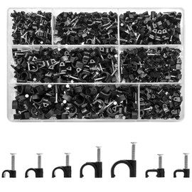 KOXXIAMOQ 700 Round/Flat Cable Clips Black, Cable Wire Nail Clips, Electrical Cable Wall Clips, Cable Pins Clip with Steel Nail Tacks, Cable Tidy Clips for Ethernet, 4mm 5mm 6mm 8mm 10mm
