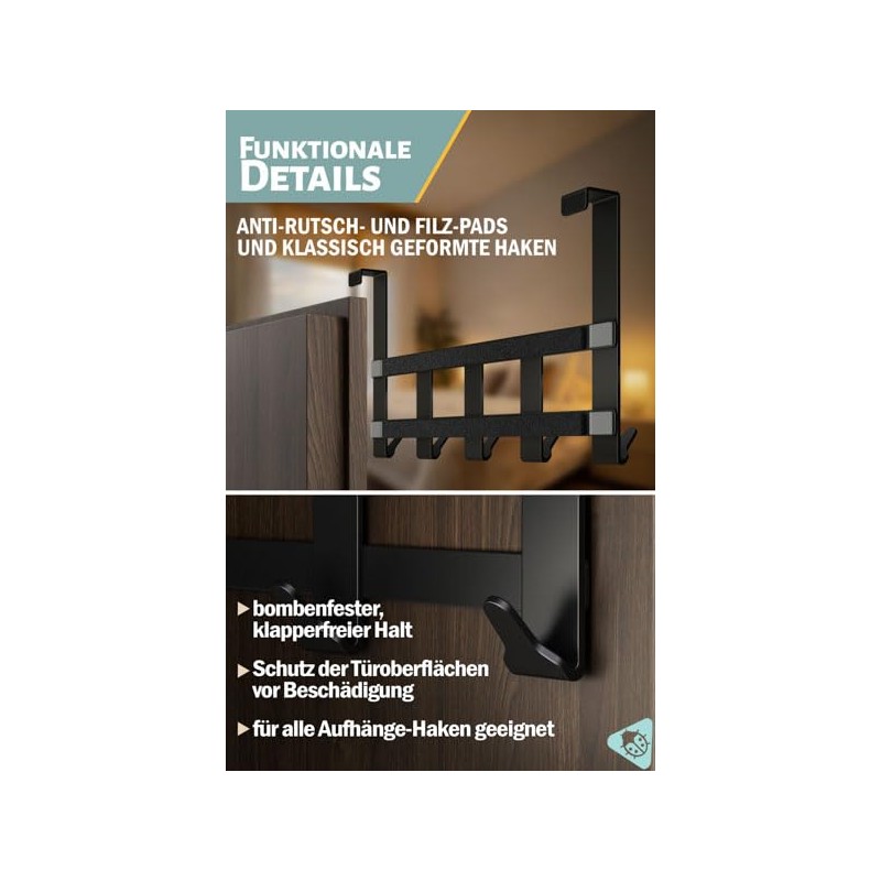 Menz Premium Door Coat Rack, 5 Hooks - Black Door