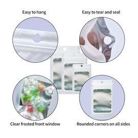 Funnyleaf 300 Pack 3 Sizes Resealable Mylar Holographic Bags Food Storage Smell Proof Bags with Front Window Packaging Pouch for Cookies Sample Jewelry Snack (White, 3 x 4.7 in,4 x 6 in,4.7 x 7.9 in)