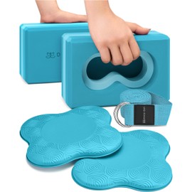 Deep-Zen® Yoga Blocks Wrist Support; Yoga Blocks 2 Pack with Knee Pads and Strap to Put Less Weight on Wrists; Durable, Versatile Yoga Brick Exercise Block Set, Blocks Yoga (Serene Blue, L)