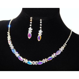 Unbranded Silver AB Round And Marquise Crystal Necklace and Drop Earrings Bridal Set 15619