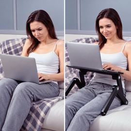 Folding Aluminum Laptop Table with Dual Cooling Fans, Adjustable Notebook Stand for Bed, Sofa, and Desk
