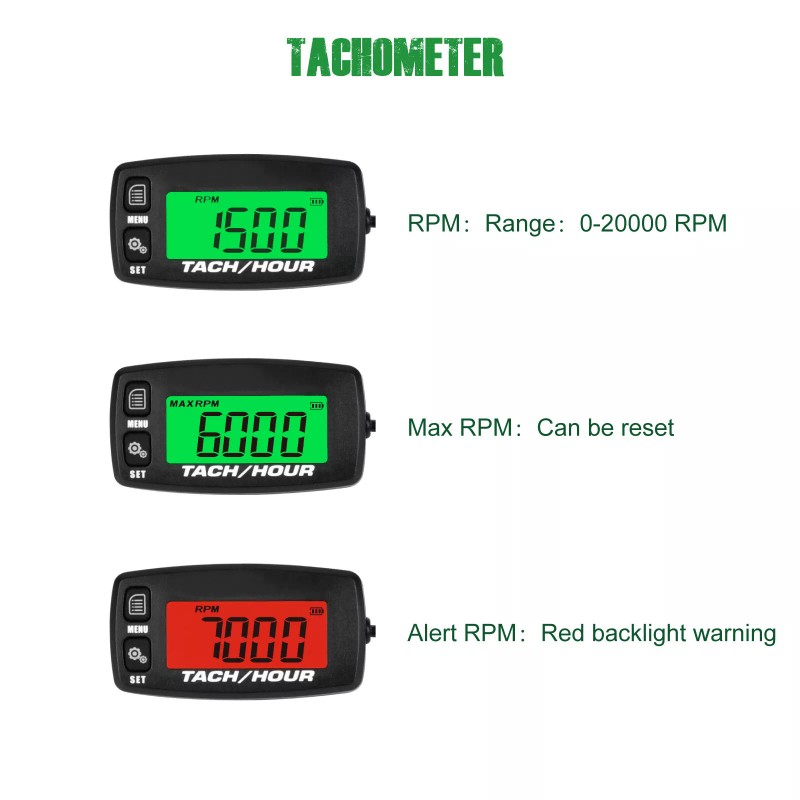 Yooreal Digital Hour Meter Tachometer RPM alerts For lawn mowers,