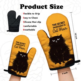 Funny Black Cat Cooking and Baking BBQ Kitchen Gadgets with Heat Resistant Silicone Non-Slip, The Secret Ingredient is Cat Hair Oven Mitts Set of 2, Gifts for Cat Lover Bakers Friends Mom Wife BBF