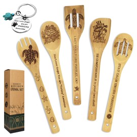 Sea Turtle Gifts for Women 6PCS Unique Sea Turtle Print Bamboo Spoons Gifts Set with Sea Turtle Keychain Sea Turtle Decor Kitchen Gifts for Women Mom