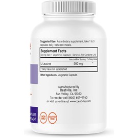BESTVITE L-Leucine 500mg per Capsule (480 Vegetarian Capsules) (240x2) - No Stearates - No Fillers - No Flow Agents - Vegan - Non GMO - Gluten Free