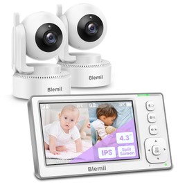 Blemil Baby Monitor with 2 Cameras and Audio, 4.3'' IPS Split-Screen Monitor with 29-Hour Battery, 1000ft Range Pan-Tilt-Zoom Video Baby Monitor No WiFi, 2X Zoom