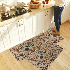 Moutina Watercolor Flowers Leaves Fall Kitchen Rugs Set of 2, Autumn Harvest Thanksgiving Home Decor Low-Profile Kitchen Mats for Floor - 17x29 and 17x47 Inch