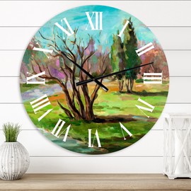 Designart 'Two Distant Trees In A Green Landscape' Traditional wall clock - 36 in. high, 36 In. Wide