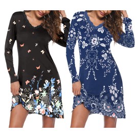 Ekouaer Women's Nightdress Ladies Soft Nighties V-Neck Nightshirts Long Sleeve Sleep Dress Nightgown Sleepwear Schmetterling+ethnisch M